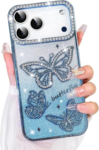 Image of Elzzi Electroplated Butterfly Phone Cover for iPhone 17 Pro Max Case, Showcasing Pearlescent Diamond Soft TPU, Camera Protection, Shockproof, Dropresistant Stylish for Girls & Women (Blue)