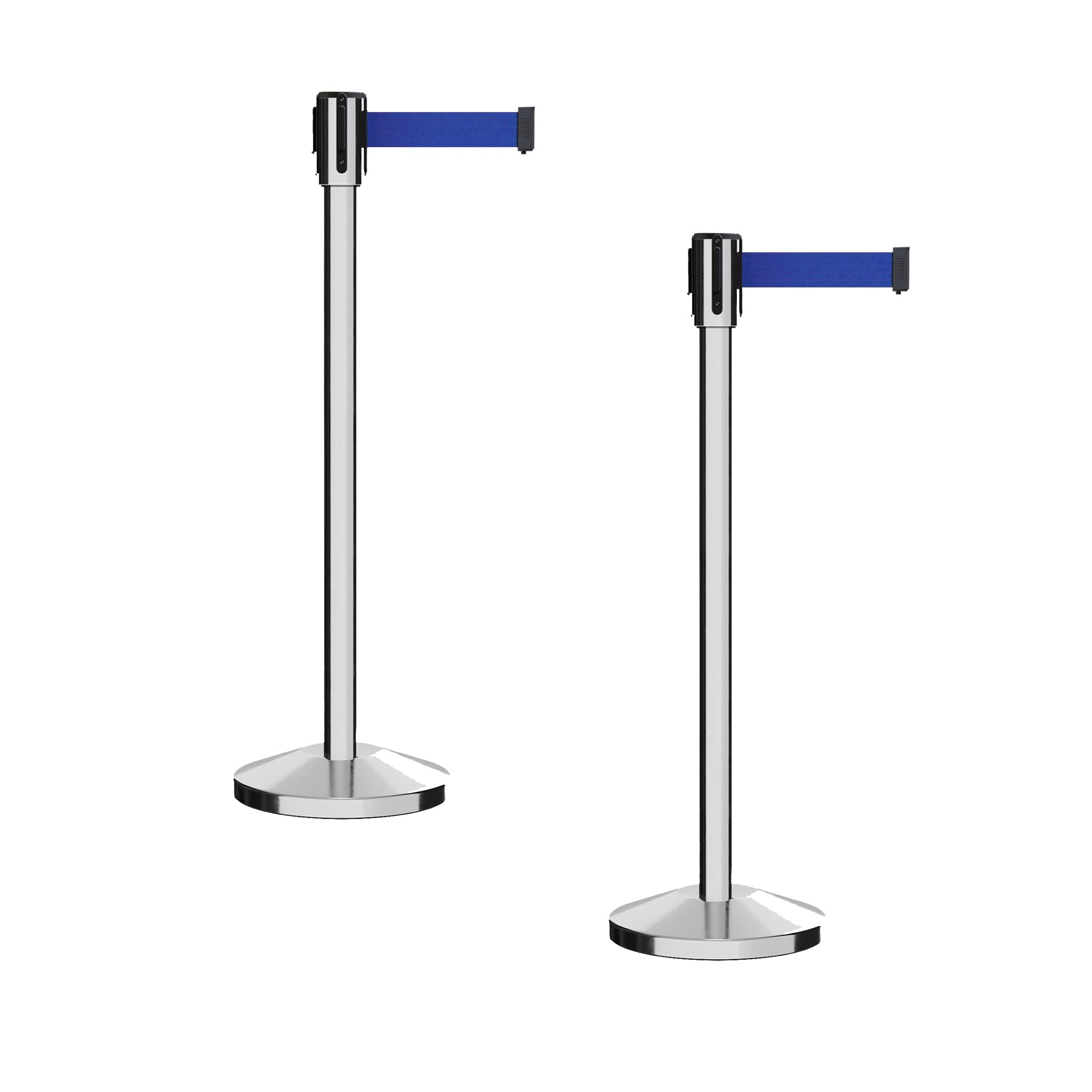 Montour Line M530 Set of 2 Retractable Belt Barrier Stanchion, Sloped Base, Polished Stainless Steel Post (11 ft Dark Blue Belt)