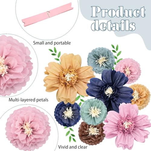 Image of TaoBary Large Colorful Tissue Paper Flowers Giant Fiesta Paper Pom Poms Classroom Wall Decor Mexican Birthday Party Decorations Wedding Backdrop(20 inch and 10 inch,Bohemian Color,12 Pcs)