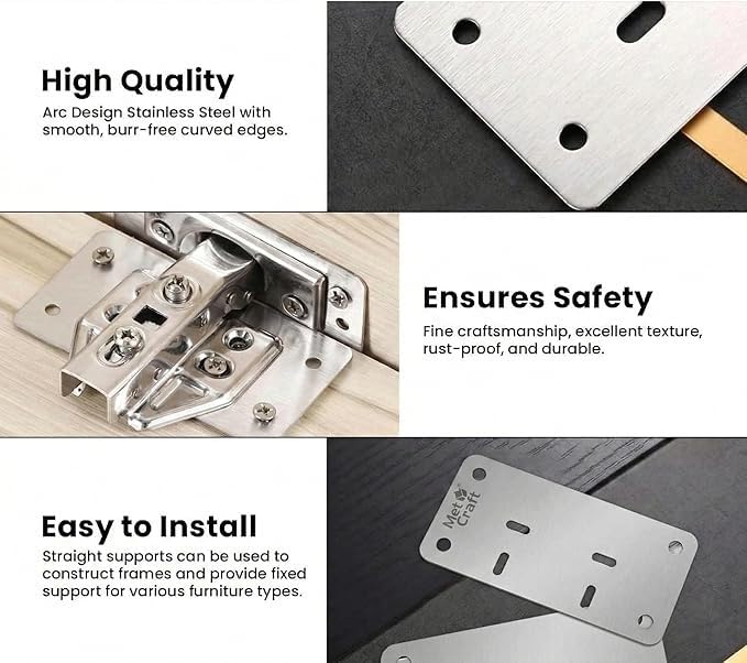 Met Craft Stainless Steel 304 Grade Cabinet Repair Plates with Pre-Punched Holes and Screws I Universal for All Auto Concealed Hinge I for Doors, Cabinets, Cupboard Door, Wardrobes (Silver, 2 Set) 2