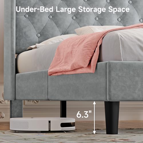Image of koorlian Queen Bed Frame with Headboard, Adjustable Velvet Upholstered Bed Frame with Type-C&USB Ports, Wingback Storage Headboard, Solid Wood Slats Support, No Box Spring Needed, Light Gray