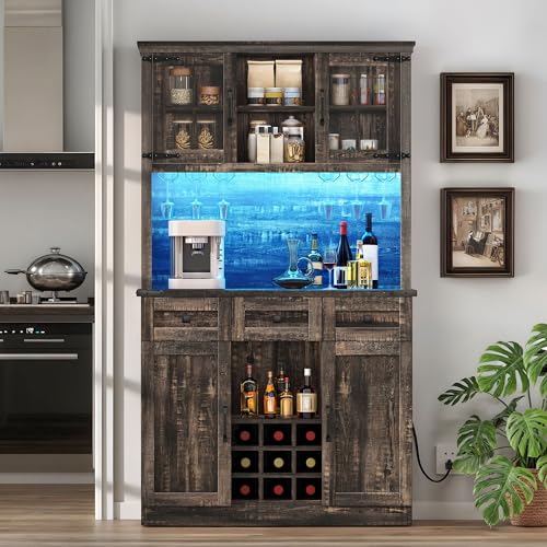 DWVO Coffee Bar Cabinet with Power Outlet/Lights, 72" Farmhouse Pantry Cabinet with Storage Shelves and 3 Drawers, Tall Liquor Cabinet Bar Cabinets for Home/Living Room, Dark Rustic Oak