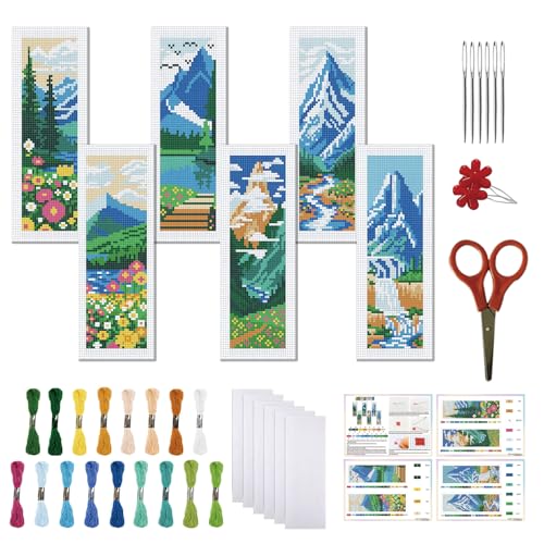 Image of FREEBLOSS 6 Set Cross Stitch Bookmarks Kit Mountains&Rivers Stamped Cross Stitch Kit DIY Embroidery Bookmark Set with Instruction for Adults Beginners Gift for Reading Enthusiasts 8 * 2.4inch 11CT