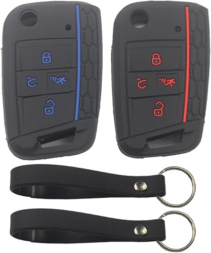 2 fundas de silicona de goma con 4 botones abatibles, funda protectora sin llave con llavero compatible con Volkswagen VW GTI Tiguan Golf 2018 2017