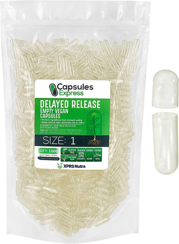 XPRS Nutra Delayed Release Size 1 Empty Capsules - 1000 Count Clear Empty Vegan Capsules - Vegetarian Pills - DIY Vegetable Capsule Filling - Fillable Veggie Gel Caps for Do-It-Yourself Supplements 1000 Count (Pack of 1) Size 1