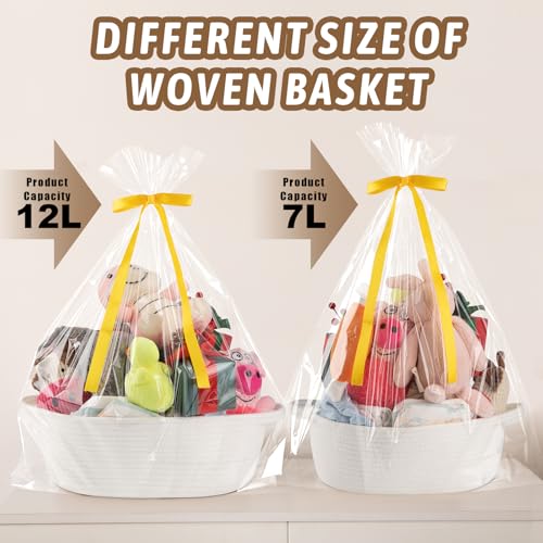Image of OIAHOMY Small Woven Basket with Gift Bags, Ribbons & DIY Label Card, Baskets for Gifts Empty, Small Rope Basket 12 * 8 * 5IN, Cute Decorative Baskets with Handles for Baby Pets, Toys, White