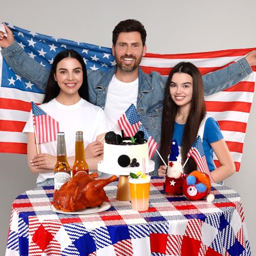 Image of 3 Pcs Disposable Round Patriotic Tablecloth 4th of July 84 Inch Plastic Tablecloth Red White and Blue Buffalo Plaid Memorial Day Table Cover for Independence Day Dinner Party
