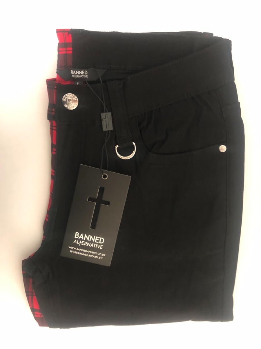 Banned Röhrenhose Karo Hose Damen Halbes Bein Karierte Hosen Split Punk Emo Alternative Mode, Rot, S