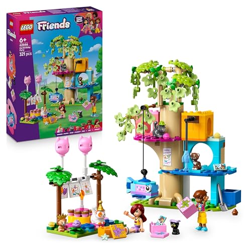 LEGO Friends Festa de aniversário e casa em árvore de flanela de brinquedo - 2 mini bonecas, 5 figuras de animais, pinata, bolo de aniversário e acessórios - presente criativo para meninas de 6 anos