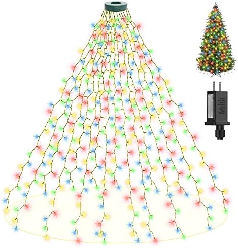 HIWUP Christmas Tree String Lights with Ring 400 LED, 6.56FT/2M x 16 Lines Easy to Install Christmas String Lights with 8 Modes, Christmas Decorations Outdoor Indoor for 6ft - 8ft Xmas Tree