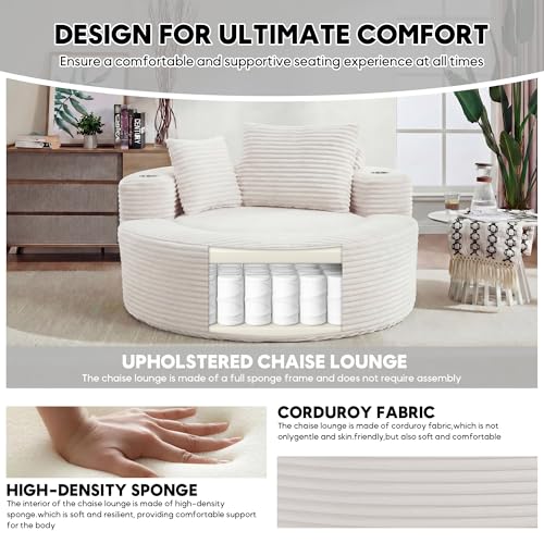Image of Oversized Round Chair Lounge Chaise Indoor, 55.5 inch Upholstered Corduroy Deep Seat Single Cloud Sofa Chair with Cup Holder, Modern Large Circle Boneless Sleeper Sofa for Living Room, Beige White