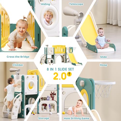 MOCUTEEN 8-in-1 Toddler Climber and Slide Playset with Basketball Hoop - Indoor/Outdoor Playground Gym Activity Center for Kids - Thumbnail 3