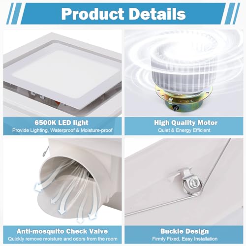 Feiton 80006031 Bathroom Exhaust Fan With Led Light Ceiling Mount Ventilation Fan thumb #3