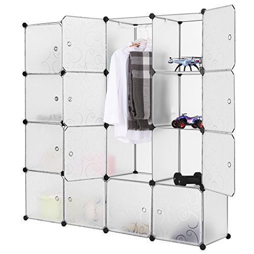 LANGRIA 16 Cubby Wardrobe Closet System Cube Organizer Plastic Storage Cubes Drawer Unit, DIY Modular Bookcase Cabinet for Clothes, Shoes, Toys (White)
