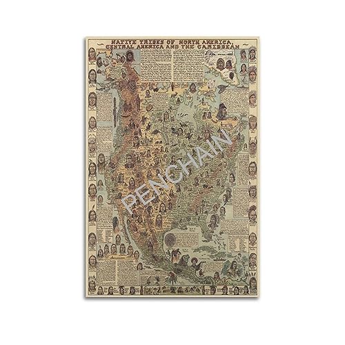 Vintage Native North American Tribes Map - Lively Poster for Room Aesthetic - 16x24inch(40x60cm)
