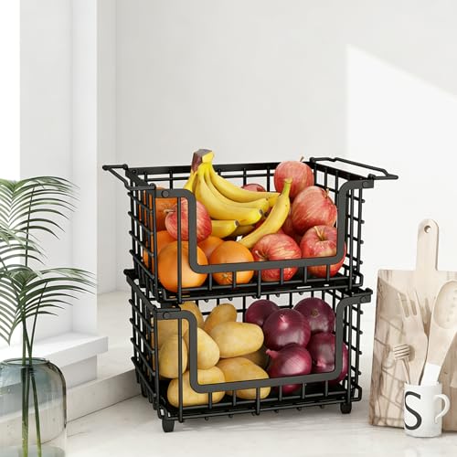 2 Pack de paniers à légumes et fruits empilables en fil métallique pour comptoir de cuisine,...