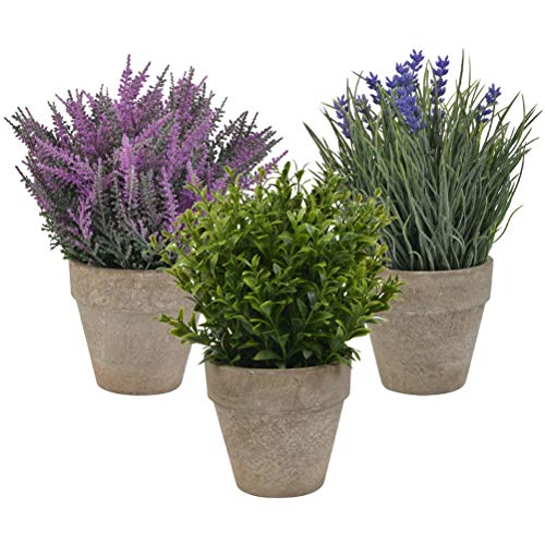 WOWOSS Piantas Artificiales Decorativas con Maceta, Flores Falsas Lavanda Plástico para Hogar, Oficina y Restaurante (3 Piezas)