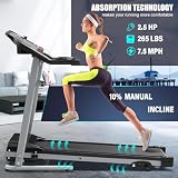 Folding Treadmill for Home, 2.5HP Quiet Brushless Motor, 3-Level Incline, 7.5 MPH Speed, Shock Absorption Running Machine with LCD Display & Transport Wheels, Compact for Small Spaces