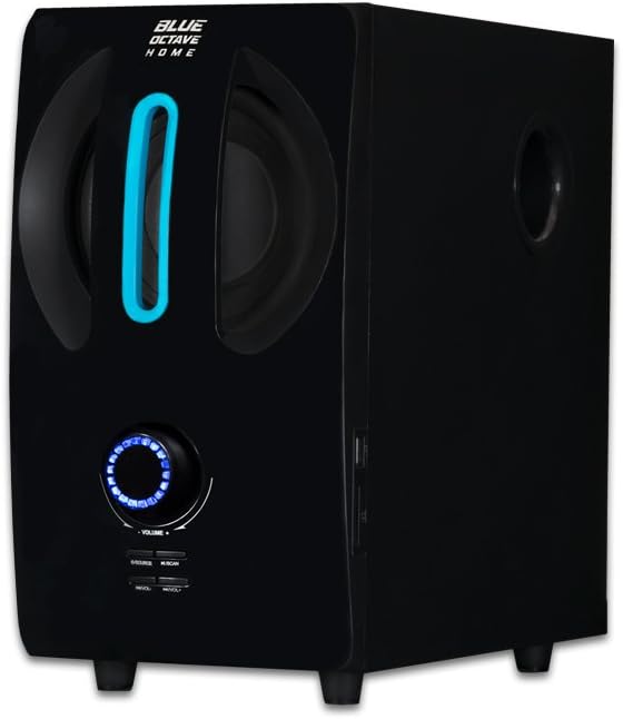 Front panel of the Blue Octave Home B22 subwoofer showing volume knob, source button, and display.