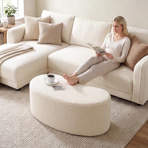 Image of Zesthouse Upholstered Ottoman Bench for Bedroom, 39.8 inch Curved Sherpa End of Bed Bench, Modern Small Bench Seat for Living Room Entryway Hall Mudroom, Soft White Fabric Coffee Table, Crescent Shape