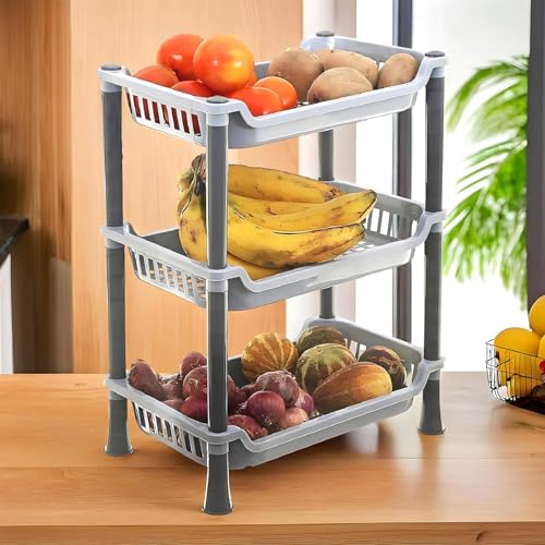 Image of Plastic 3 Layer Multi-Purpose Kitchen Storage Basket Rack|Vegetable Basket for Kitchen (Grey Tiered Shelf)