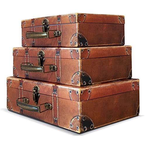 Blue Orchards Decorative Travel Chest Paperboard Boxes (Set Of 3) - Small Travel Antique Suitcases - Stackable Storage Chests For Jewelry - Chest Box For Keepsake - Bedroom Display Or Party Decor #TOP6