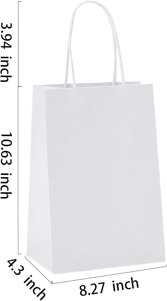 BAG BOX 25 Pack 8.25x4.3x10.6 Inch White Gift Bags with Handles,Bulk Kraft Paper Bags for Shopping, Retail, Merchandise, Wedding, Party Favors, Paper Grocery Sacks