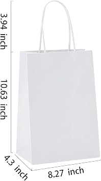 BAG BOX 25 Pack 8.25x4.3x10.6 Inch White Gift Bags with Handles,Bulk Kraft Paper Bags for Shopping, Retail, Merchandise, Wedding, Party Favors, Paper Grocery Sacks