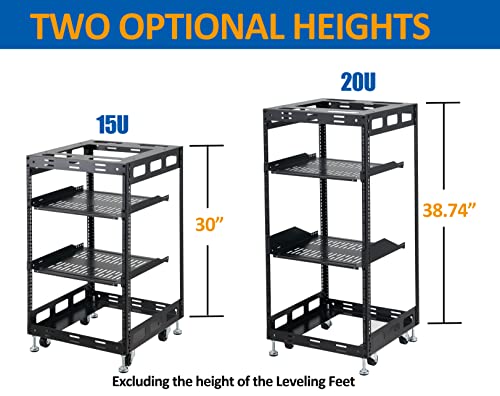 Tedgetal 20U Open Frame Rack For Servers & Av Gear - Wall Mountable Design Includes 2X Vented Shelves, 4X Leveling Feet, 4X Casters #TOP4