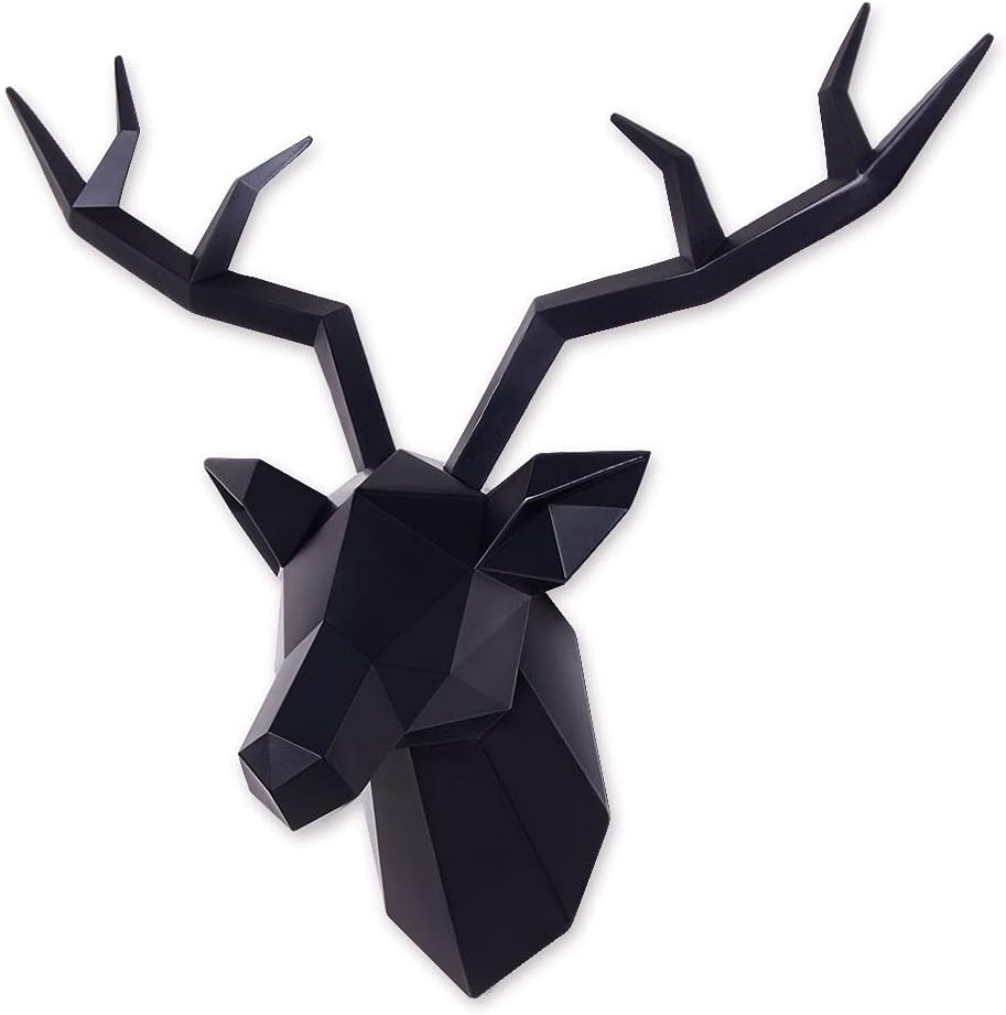 Keygift Deer Head Wall Decor Geometrical Black Deer Antlers Wall Sculpture Faux Taxidermy Resin Wall Animal Head 19x7x17 Inches