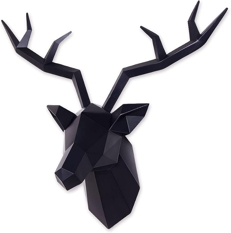 Deer Head Wall Decor Faux Resin Taxidermy Animal Sculptures Home Decor | Stunning Large Geometric Black Deer Statue Antlers Mount Modern Decor, Ideal Housewarming Gift for Living Room Bedroom