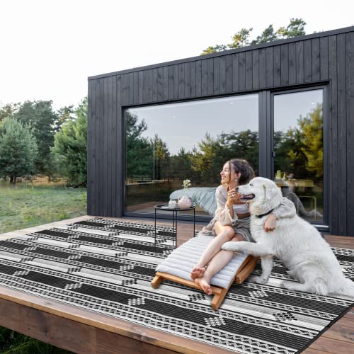 Luomu Rugs Waterproof Reversible Outdoor Rug – 6’ X 9’ Grey & Black – Weatherproof Plastic Mat For Camping, Rv, Trailer, Camper, Terrace, Deck, Backyard & Garden – Includes Bag & Corner Loops #TOP4