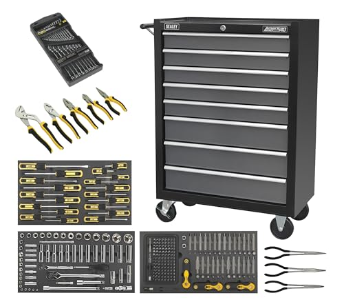 Sealey American PRO® Rollcab 8 Drawer with Ball-Bearing Slides - Black/Grey & 145pc Tool Kit - AP35TBCOMBO3