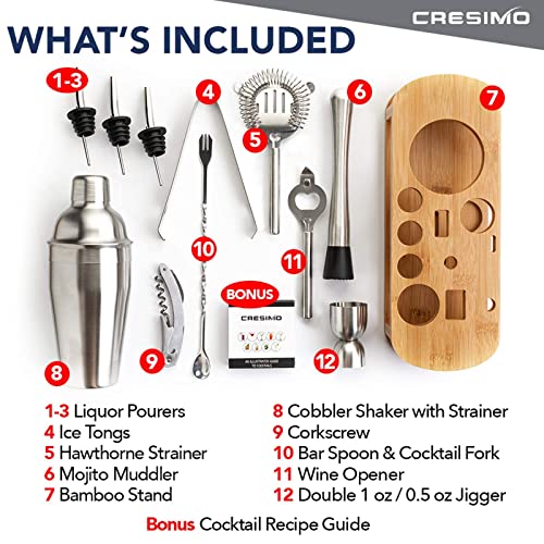 Large Cocktail Shaker Set with Bamboo Stand: 12pc Mixology Bartender Kit and Drink Mixer Set, Bar Accessories for the Home Bar Set with Martini Shaker Cocktail Kit Bar Tools: Muddler, Jigger - Cresimo - Thumbnail 6