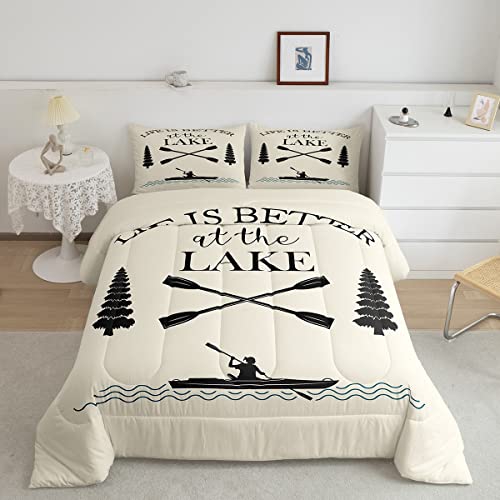 Lake House Bedding Set For Boys,Farmhouse Paddles Boat Comforter Set Lakehouse Rustic Quilt Retro Fishing Boat Bedding Comforters Lake House Decor For The Home,Twin Size,1 Comforter + 1 Pill