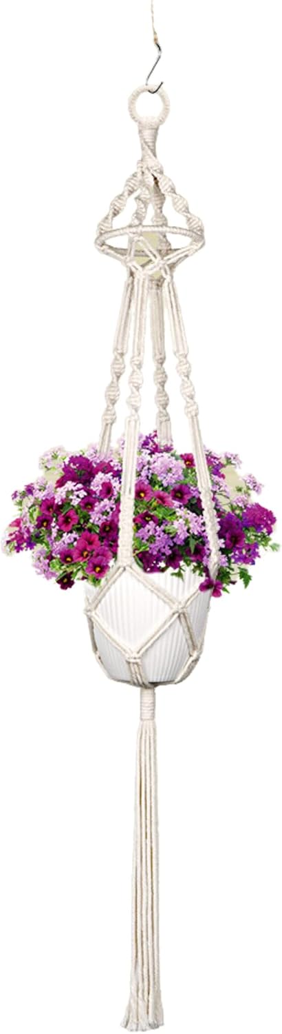 Macrame Plant Hanger, Indoor Hanging Planter Basket with Beads Decorative Flower Pot Holder Traditional Plant Hanger, Handwoven Cotton Rope Hanging Plant (Beige_Nature)