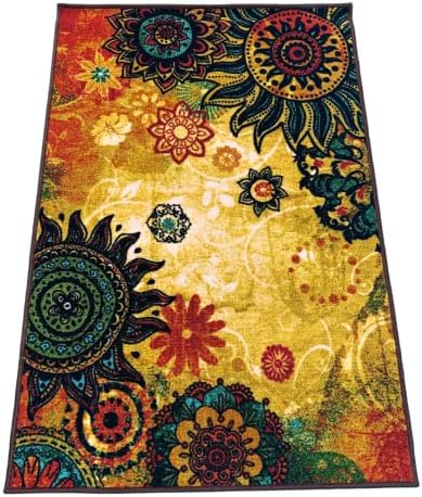 Non Slip Polyester Area Carpet Yellow Base Colourful Chakra Print Rug Matches Any Floor Type 120 x 80 cm