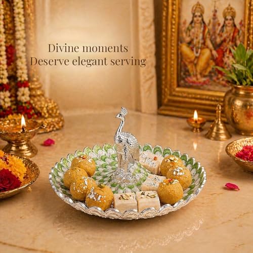 Image of Diviniti German Silver Peacock Decorative Tray | Luxury Home Decor Platter with Green Enamel Feather Design | Premium Dry Fruit & Sweet Serving Tray | Elegant Center Table Decor Gift with Box