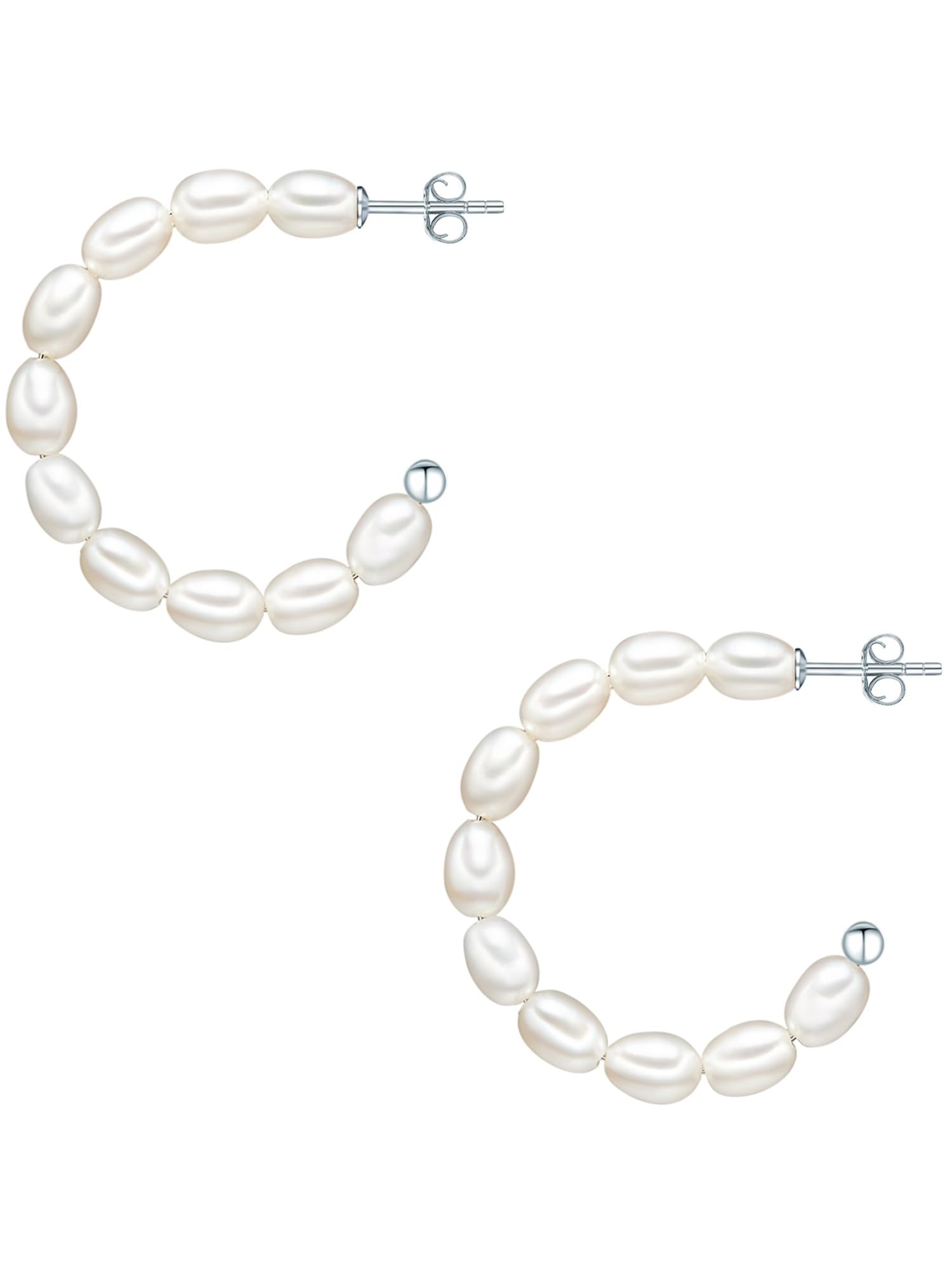 Valero Pearls Damen Perlencreolen aus 925/- Sterling Silber mit Süßwasser-Zuchtperlen Reisförmig 5-6 mm weiß Creolen Perlenohrschmuck Stecker