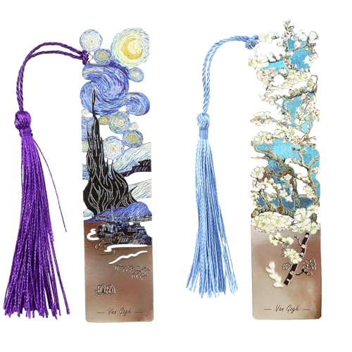 Uideyvi 2 Metal Bookmarks with Tassel, Oil Painting Starry Night Over The Rhone and Almond Blossoms, Pretty Bookmarks for Women