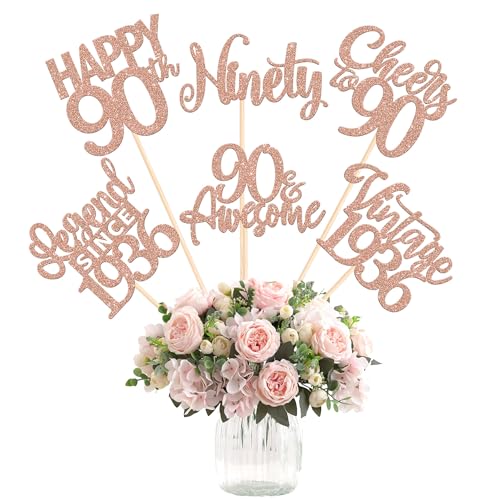 12PCS Happy 90th Birthday Centerpiece Sticks Ninety Vintage 1936 Table Flower Centerpieces Sticks Cheers to 90 Lengend Since 1936 Decorations for 90th Birthday Party Centerpieces Supplies Rose Gold