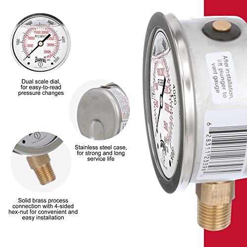 winters 2-1234 dial size liquid filled industrial pressure gauge brass internals stainless steel case dual scale 0-5000 psikpa 15 acc 1434 npt bottom mount glycerin filled pressure gauge