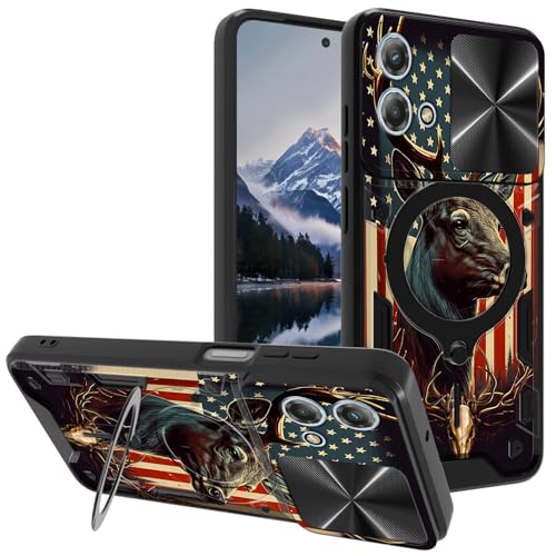 for Motorola Moto G-Stylus-5G-2023 Case, with Slide Camera Cover&Shockproof Bracket, Dual Layer Durable Heavy Duty Protective Cell Phone Case for Moto G Stylus 5G 2023,American Flag Deer/Skull