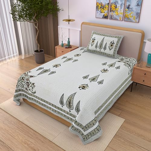 Image of 100% Cotton Single Bedsheet with 1 Pillow Cover | 240 TC Pure Cotton Flat Bed Sheet | Traditional Jaipuri Printed Bedding Set | Soft & Breathable | 60 x 90 Inch (Rangmahal Single 50)