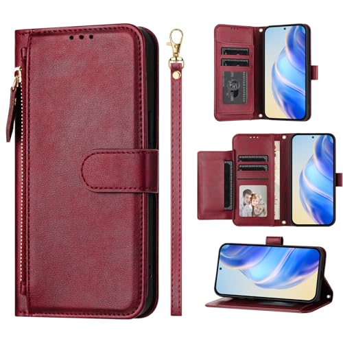 Étui portefeuille iPhone 14 Pro 6,1 pouces cuir rouge rabat magnétique