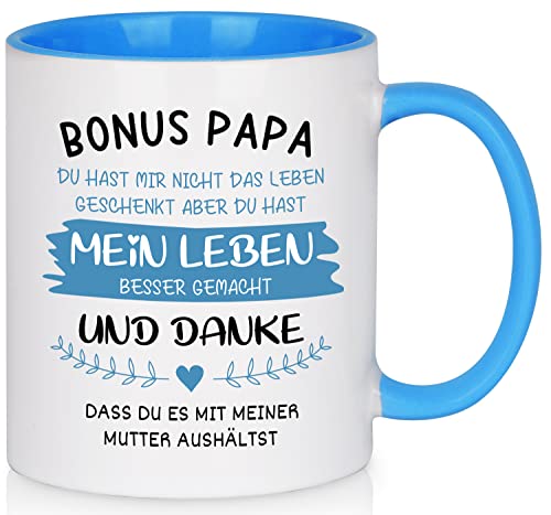Joymaking Tasse avec inscription « Bonus Papa » - Tasse à café drôle - Cadeau d'anniversaire pour papa/beau-père - Tasse à café - Bleu 11 oz Cover