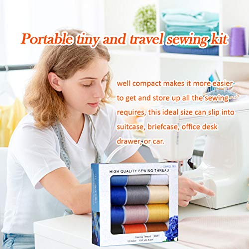 Total 1800Yds Sewingthread 12 Pcs Thread Spool,150Yds Each Witn Buttons Sets For Sewing, Single Needle,Machine Embroidery #TOP5