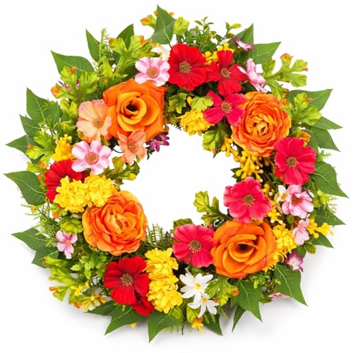 zjlmit 20 Inch Spring Wreath for Front Door, Artificial Silk Flower Wreath on Grapevine Base with Orange Rose-Style Blooms, Multicolor Floral Accents and Greenery, Indoor Wall Entryway Decor