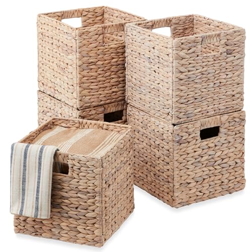 Best Choice Products 10.5x10.5in Pack of 5 Cube Storage Baskets, Water Hyacinth Multipurpose Collapsible Organizers, Handwoven Laundry Totes for Laundry, Living Room, Kids Room & Nursery - White