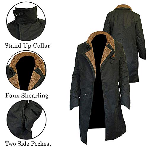 SpazeUp Men's Officer K 2049 Costume Coat Jacket - Black Cotton Trench Coat with Faux Fur Collar4